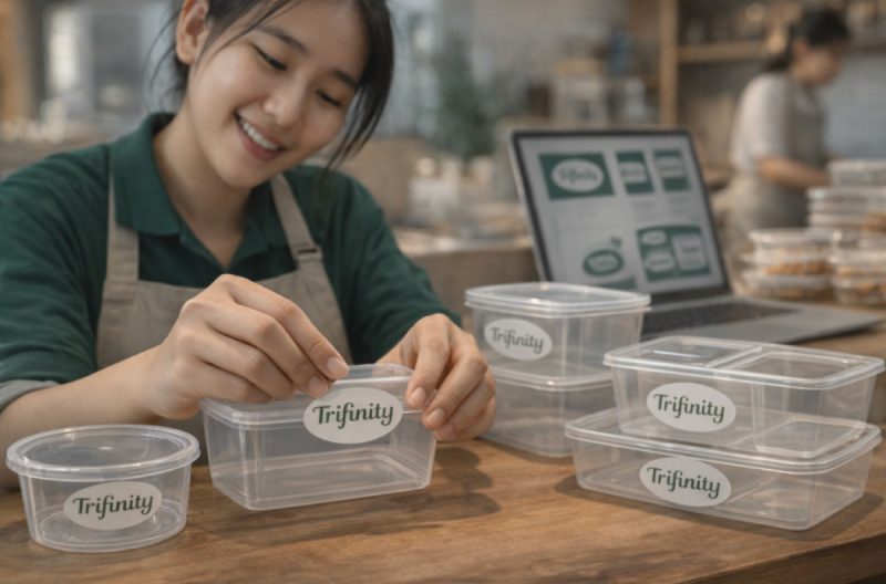 Produk enak, kemasan juga harus keren! ✨ Ubah citra bisnismu jadi premium dengan Trifinity. Wadah elegan dan bening bikin stiker logomu makin stand out.